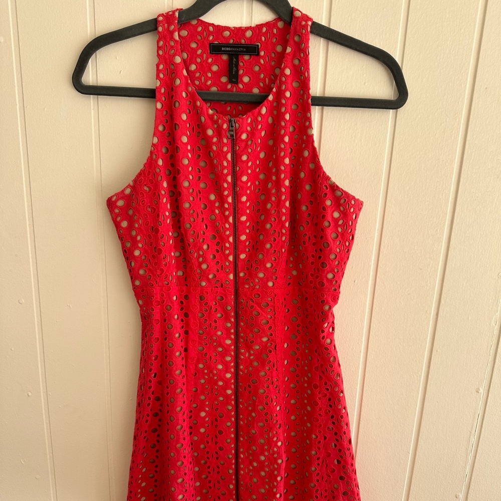 BCBG Max Azria sleeveless dress Red with taupe lining showing through. Size 4.